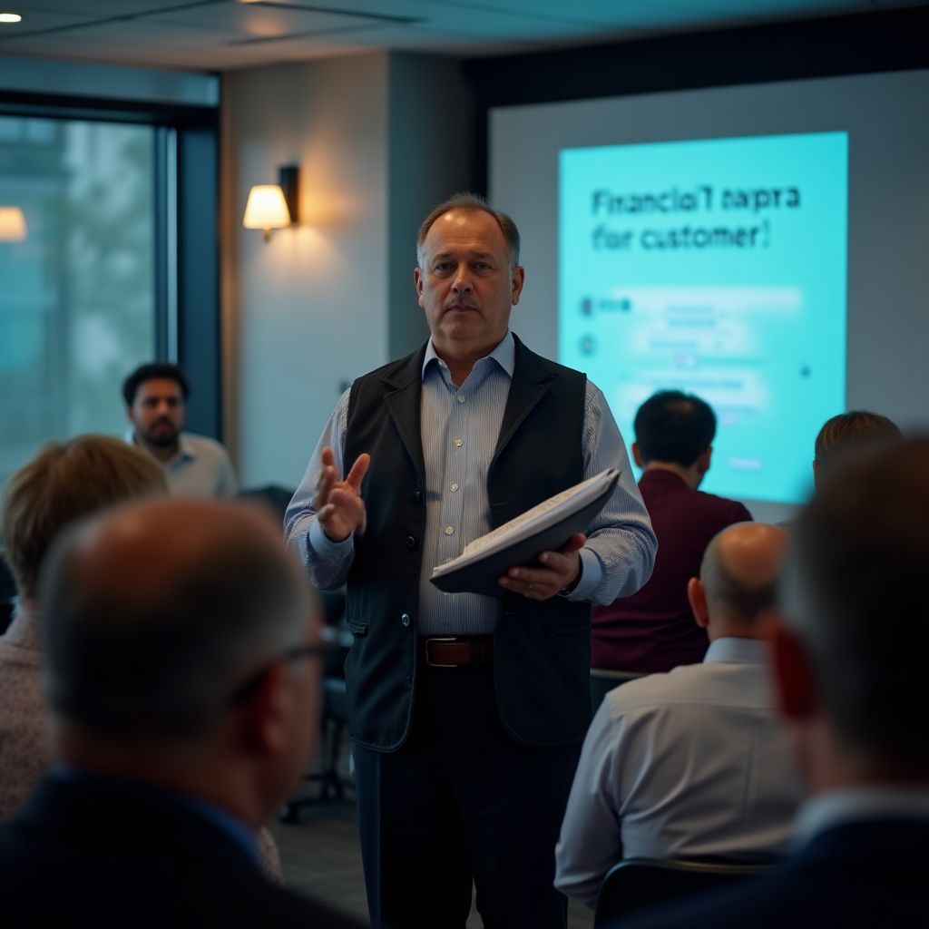 Orador en un seminario financiero organizado por la empresa.