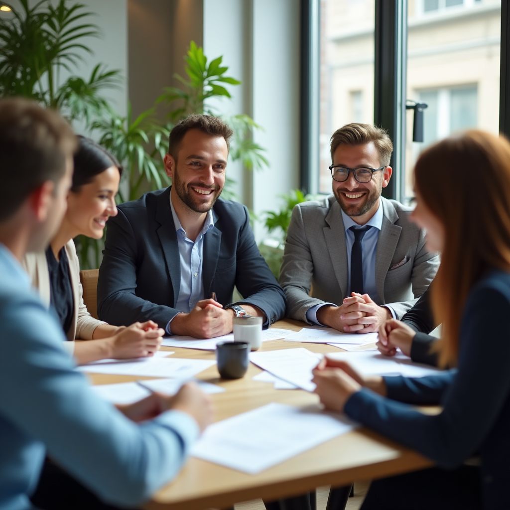 Equipo de finanzas colaborando en una oficina moderna.